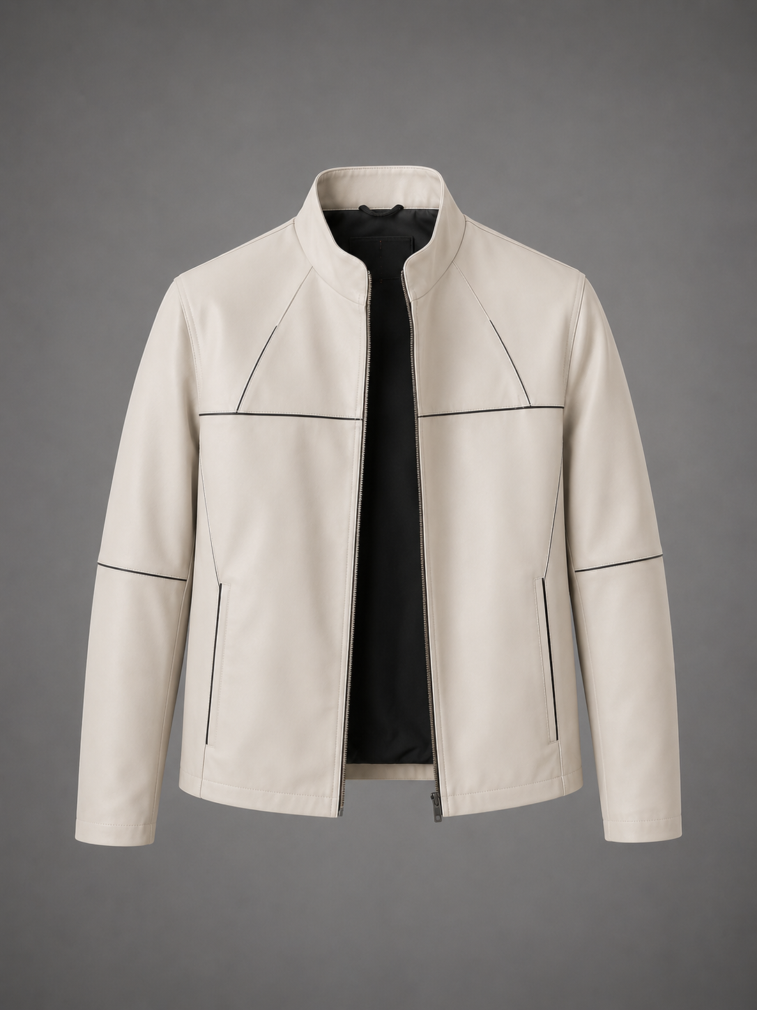 SILVIO LEATHER™ Erkek Krem Deri Ceket – Modern Çizgi Tasarım