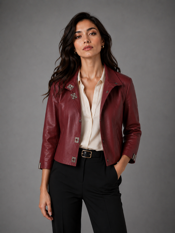 SILVIO LEATHER™ Çift Taraflı Bordo Kuzu Derisi Kadın Ceket – Özel Tasarım