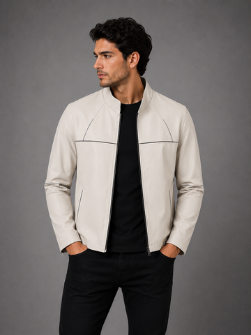 SILVIO LEATHER™ Erkek Krem Deri Ceket – Modern Çizgi Tasarım