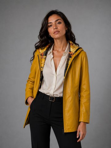 SILVIO LEATHER™ Çift Taraflı Kapüşonlu Özel Tasarım Kadın Deri Ceket