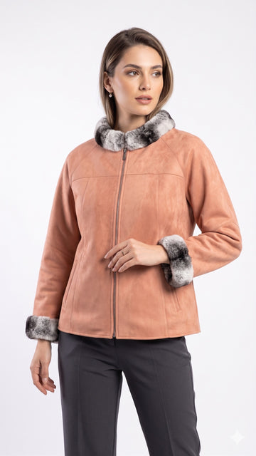 SILVIO LEATHER™ Kadın Çift Taraflı Kürk & Deri Ceket – Pudra