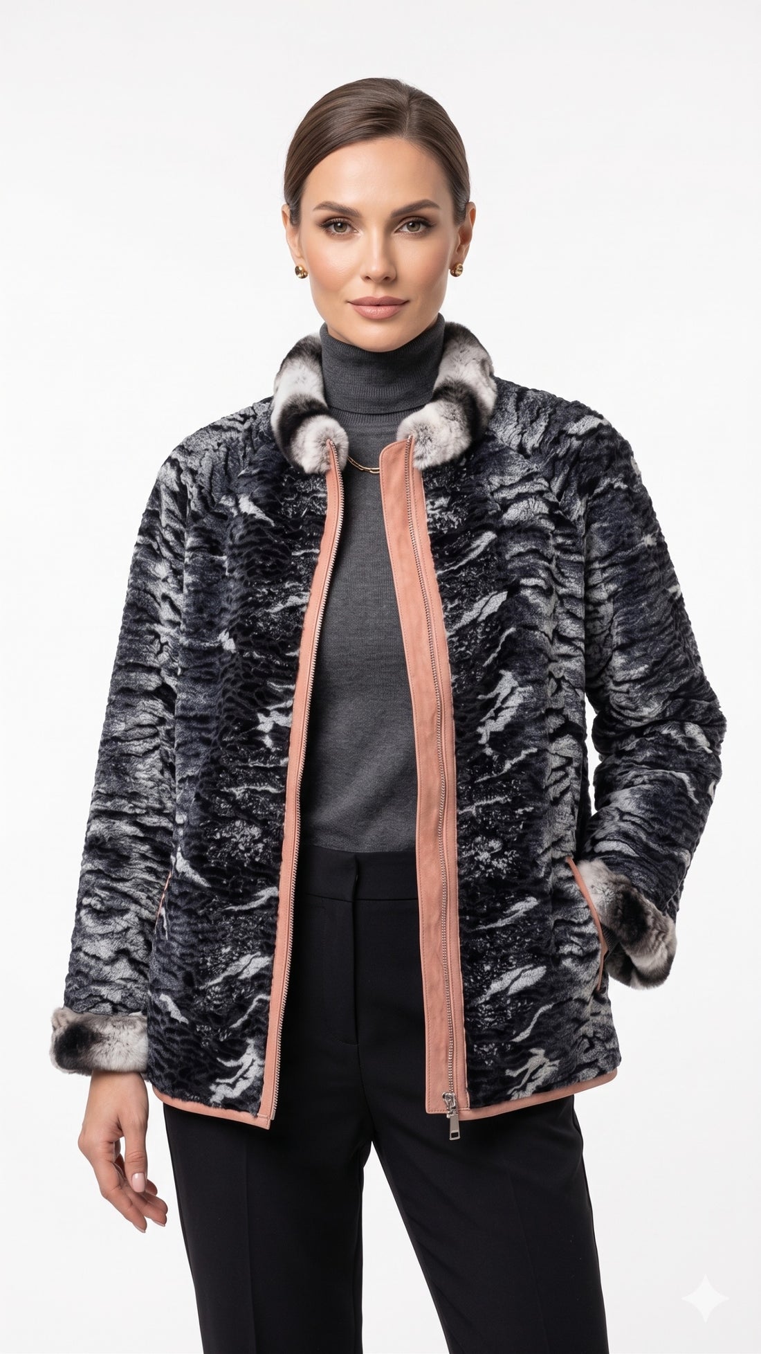 SILVIO LEATHER™ Kadın Çift Taraflı Kürk & Deri Ceket – Pudra